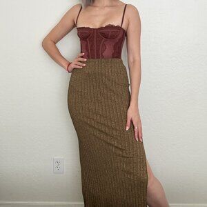 BOMBA Gold Brass Midi Skirt with Side Slit